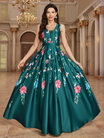 Elegant Floral Print Waist-Cinched Maxi Bridesmaid Dress