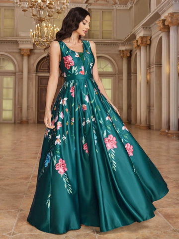 Elegant Floral Print Waist-Cinched Maxi Bridesmaid Dress