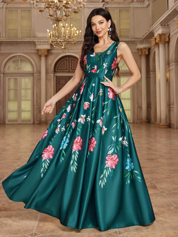 Elegant Floral Print Waist-Cinched Maxi Bridesmaid Dress