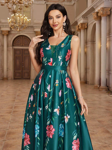 Elegant Floral Print Waist-Cinched Maxi Bridesmaid Dress