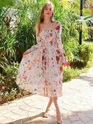 Elegant Floral Printed Long Sleeve Summer Holiday Dress