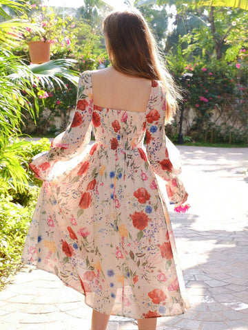 Elegant Floral Printed Long Sleeve Summer Holiday Dress