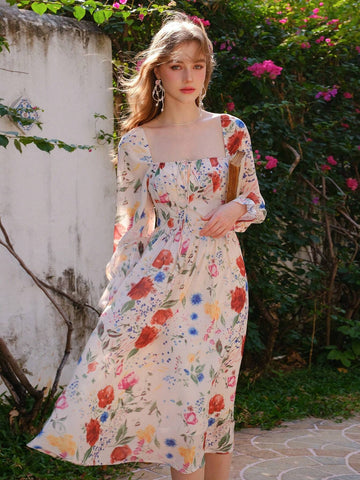 Elegant Floral Printed Long Sleeve Summer Holiday Dress