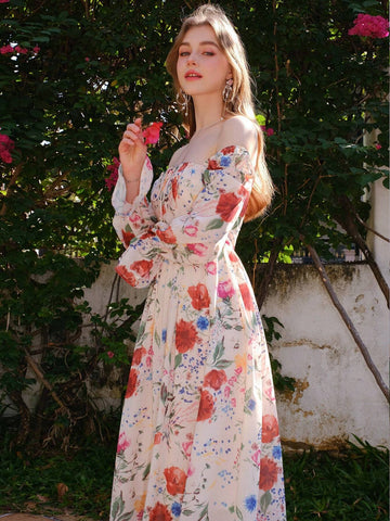 Elegant Floral Printed Long Sleeve Summer Holiday Dress