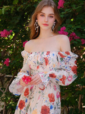 Elegant Floral Printed Long Sleeve Summer Holiday Dress