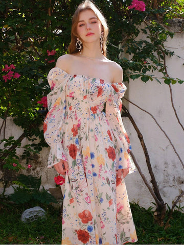 Elegant Floral Printed Long Sleeve Summer Holiday Dress