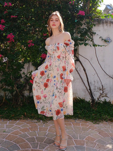 Elegant Floral Printed Long Sleeve Summer Holiday Dress