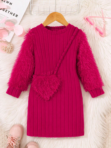 Elegant Fringe Decor Bodycon Ribbed Dress For Young Girl, Magenta, Suitable For Daily Wear In Spring & Autumn