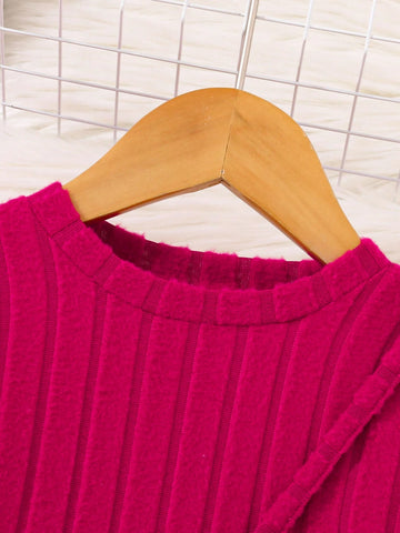 Elegant Fringe Decor Bodycon Ribbed Dress For Young Girl, Magenta, Suitable For Daily Wear In Spring & Autumn