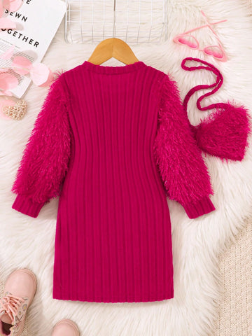 Elegant Fringe Decor Bodycon Ribbed Dress For Young Girl, Magenta, Suitable For Daily Wear In Spring & Autumn
