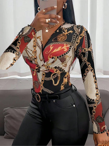 Elegant Geometric Print V Neck Crossover Front Blouse, Women Casual Button-Up T-Shirt