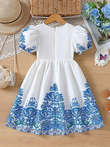 Elegant Girl Retro Style V-Neck Puff Sleeve Cinched Waist Printed Dress For Little Girls, Summer