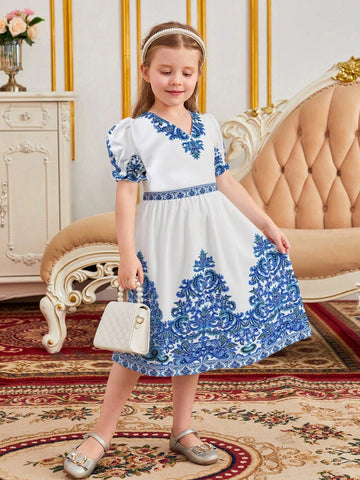 Elegant Girl Retro Style V-Neck Puff Sleeve Cinched Waist Printed Dress For Little Girls, Summer