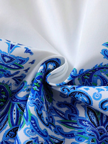 Elegant Girl Retro Style V-Neck Puff Sleeve Cinched Waist Printed Dress For Little Girls, Summer