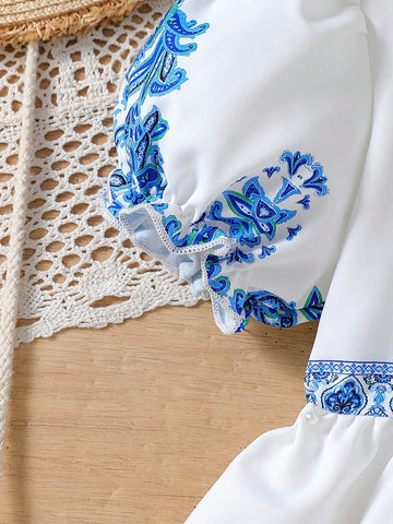 Elegant Girl Retro Style V-Neck Puff Sleeve Cinched Waist Printed Dress For Little Girls, Summer