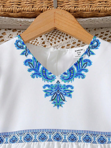 Elegant Girl Retro Style V-Neck Puff Sleeve Cinched Waist Printed Dress For Little Girls, Summer