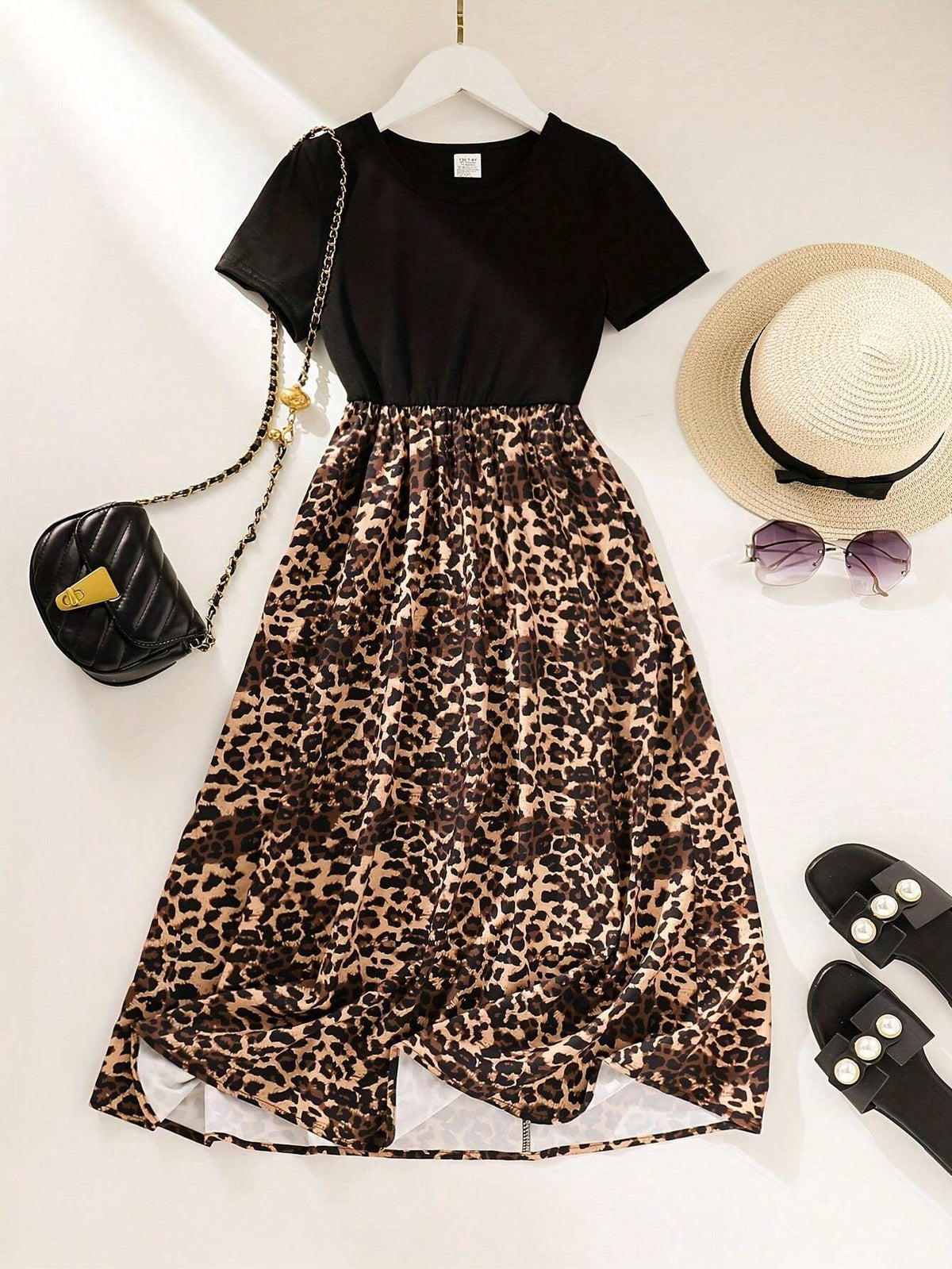 Elegant Girl's Summer Dress, Comfortable And Breathable, Sleeveless, Round Neck, Leopard Print Long Dress With Waistband, Suitable For Outdoor Parties, Fashionable And Casual Style For Teen Girls