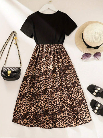 Elegant Girl's Summer Dress, Comfortable And Breathable, Sleeveless, Round Neck, Leopard Print Long Dress With Waistband, Suitable For Outdoor Parties, Fashionable And Casual Style For Teen Girls
