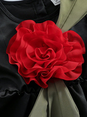 Elegant Girls Tiered Rose Applique Party Dress, Occasion Wear For Birthday, Performance, Hosting, Princess Style