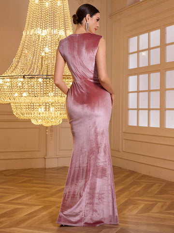 Elegant High-End Sleeveless Round Neck Front Slit Evening Gown, Suitable For Ball, Wedding, Party