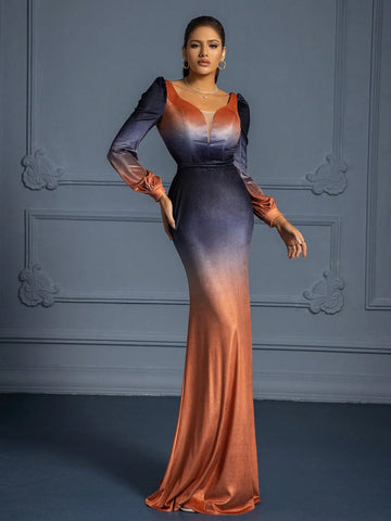 Elegant High-End Stylish Ombre Long Evening Dress For Women, Fall/Winter
