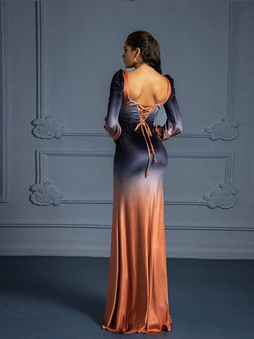 Elegant High-End Stylish Ombre Long Evening Dress For Women, Fall/Winter