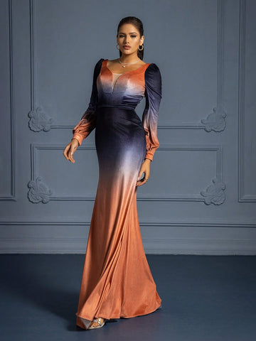 Elegant High-End Stylish Ombre Long Evening Dress For Women, Fall/Winter