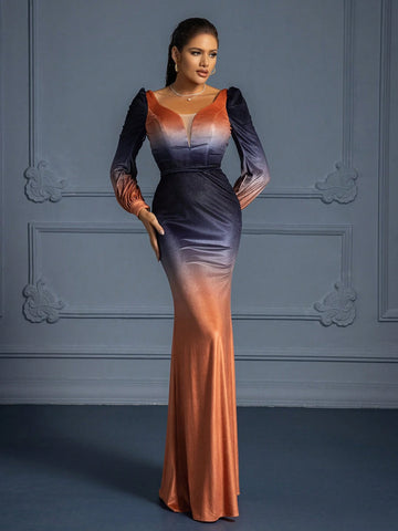 Elegant High-End Stylish Ombre Long Evening Dress For Women, Fall/Winter