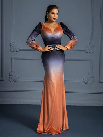 Elegant High-End Stylish Ombre Long Evening Dress For Women, Fall/Winter