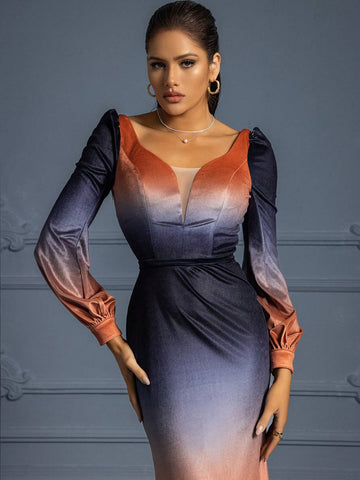 Elegant High-End Stylish Ombre Long Evening Dress For Women, Fall/Winter