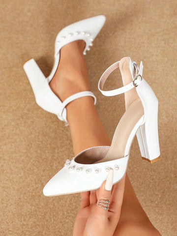 Elegant High Heel Shoes For Women, Spring & Summer, Medium Heel, Pointed Toe, Thick Heel, Buckle Strap,