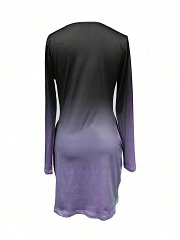 Elegant Hollow Out Ombre Long Sleeve Sexy Dress Autumn Wear