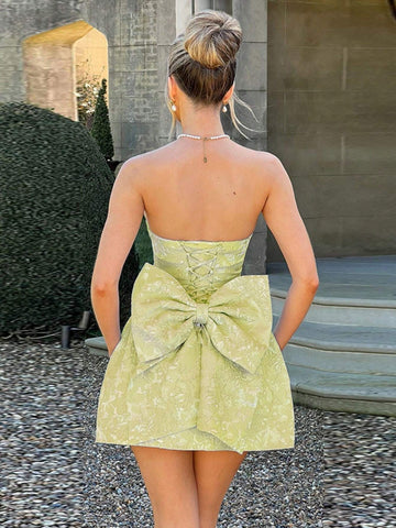 Elegant Jacquard Bandeau Bow Decor Mini Dress
