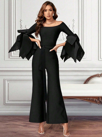 Elegant Lace Sleeve Slim-Fit Bandage Solid Color Party Jumpsuit
