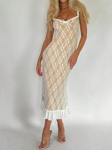 Elegant Lace Splicing Mesh Ruffle Hem Cami Dress For Summer