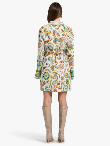 Elegant Lady Turndown Collar Tie-Waist Placement Print Linen Vacation Long Sleeve Dress