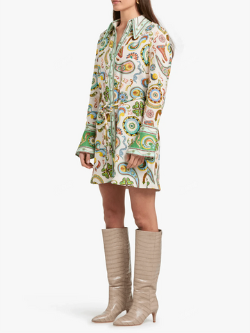 Elegant Lady Turndown Collar Tie-Waist Placement Print Linen Vacation Long Sleeve Dress