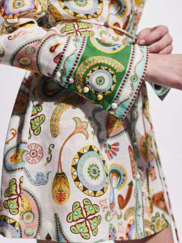 Elegant Lady Turndown Collar Tie-Waist Placement Print Linen Vacation Long Sleeve Dress