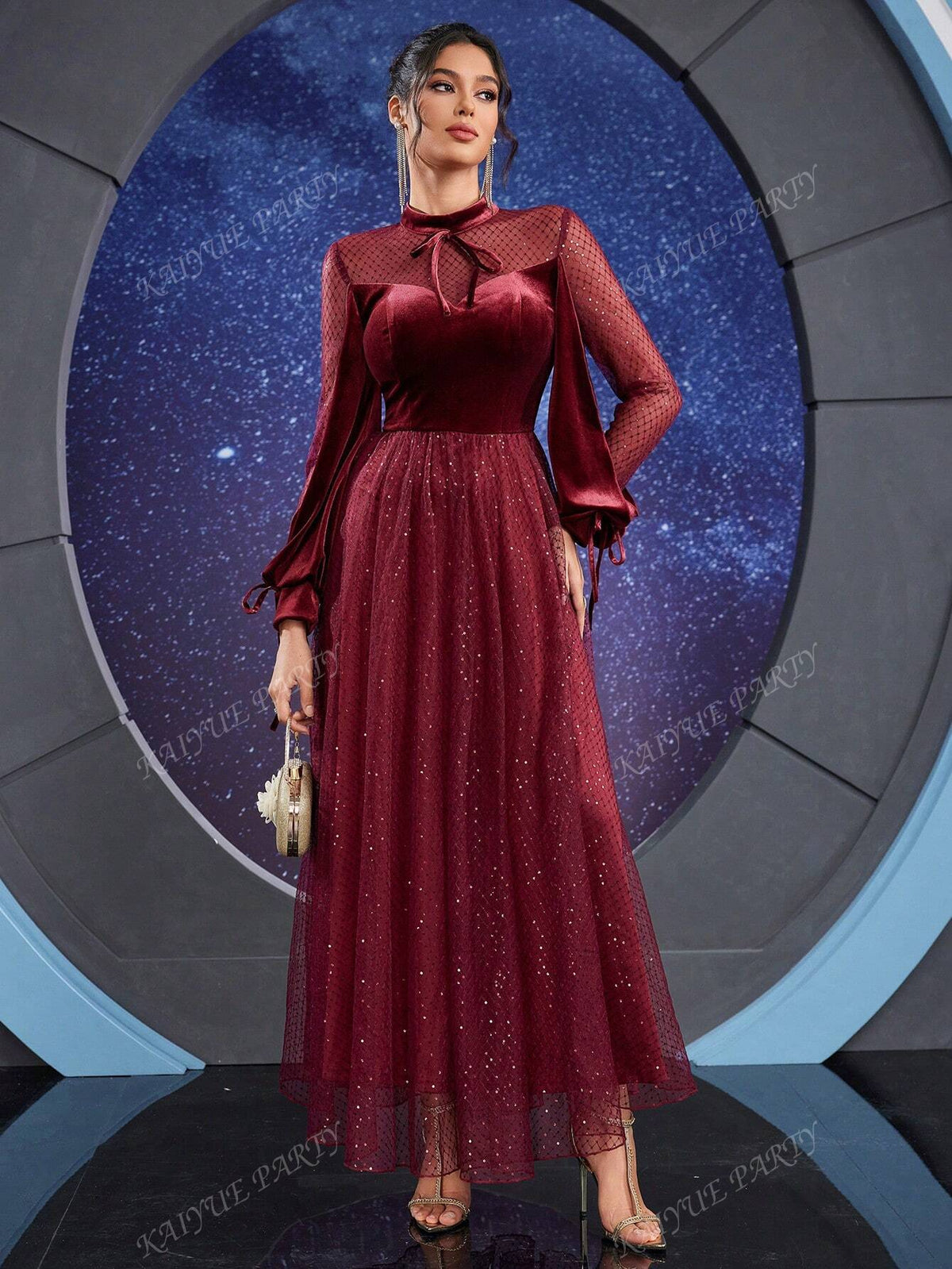 Elegant Layered Mesh & Satin Lantern Sleeve Maxi Dress For Women (Heavy Embellished)