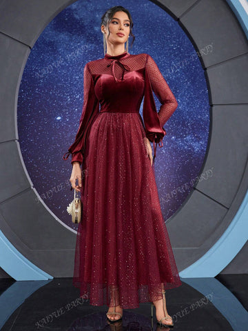 Elegant Layered Mesh & Satin Lantern Sleeve Maxi Dress For Women (Heavy Embellished)