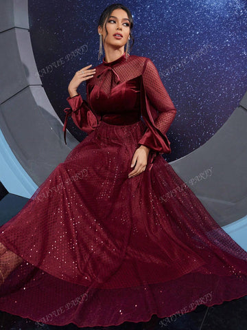 Elegant Layered Mesh & Satin Lantern Sleeve Maxi Dress For Women (Heavy Embellished)