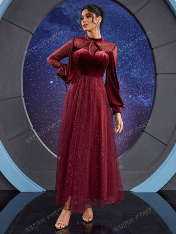 Elegant Layered Mesh & Satin Lantern Sleeve Maxi Dress For Women (Heavy Embellished)