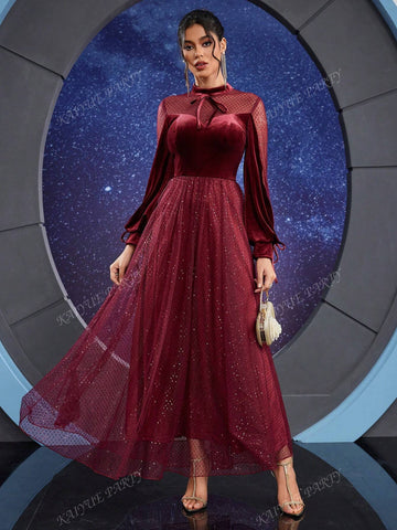 Elegant Layered Mesh & Satin Lantern Sleeve Maxi Dress For Women (Heavy Embellished)