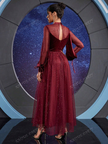 Elegant Layered Mesh & Satin Lantern Sleeve Maxi Dress For Women (Heavy Embellished)