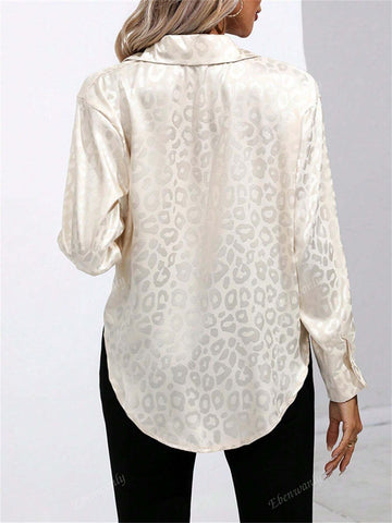 Elegant Leopard Print Turndown Collar Button Front Long Sleeve Satin Blouse For Women
