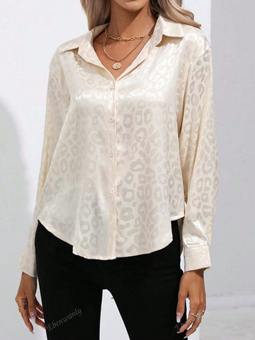Elegant Leopard Print Turndown Collar Button Front Long Sleeve Satin Blouse For Women