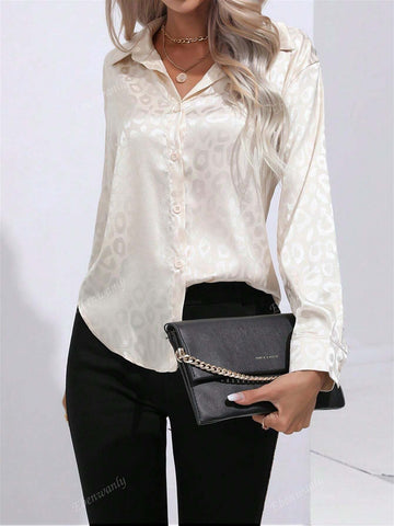 Elegant Leopard Print Turndown Collar Button Front Long Sleeve Satin Blouse For Women