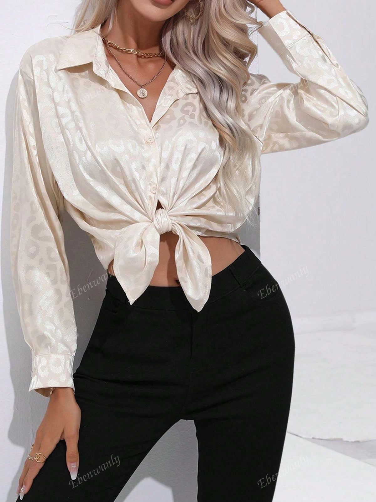 Elegant Leopard Print Turndown Collar Button Front Long Sleeve Satin Blouse For Women