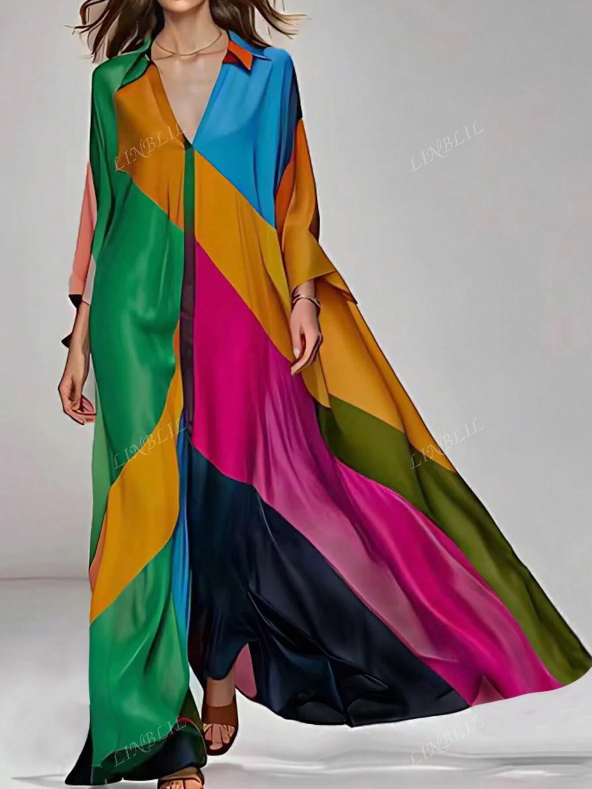 Elegant Long-Sleeved Dress With Wide Hem And Multi-Color Printed Colorblock Lapels