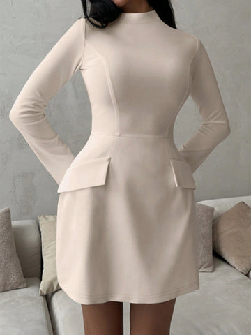 Elegant Long Sleeve Fitted Solid Color Short Dress, For Autumn